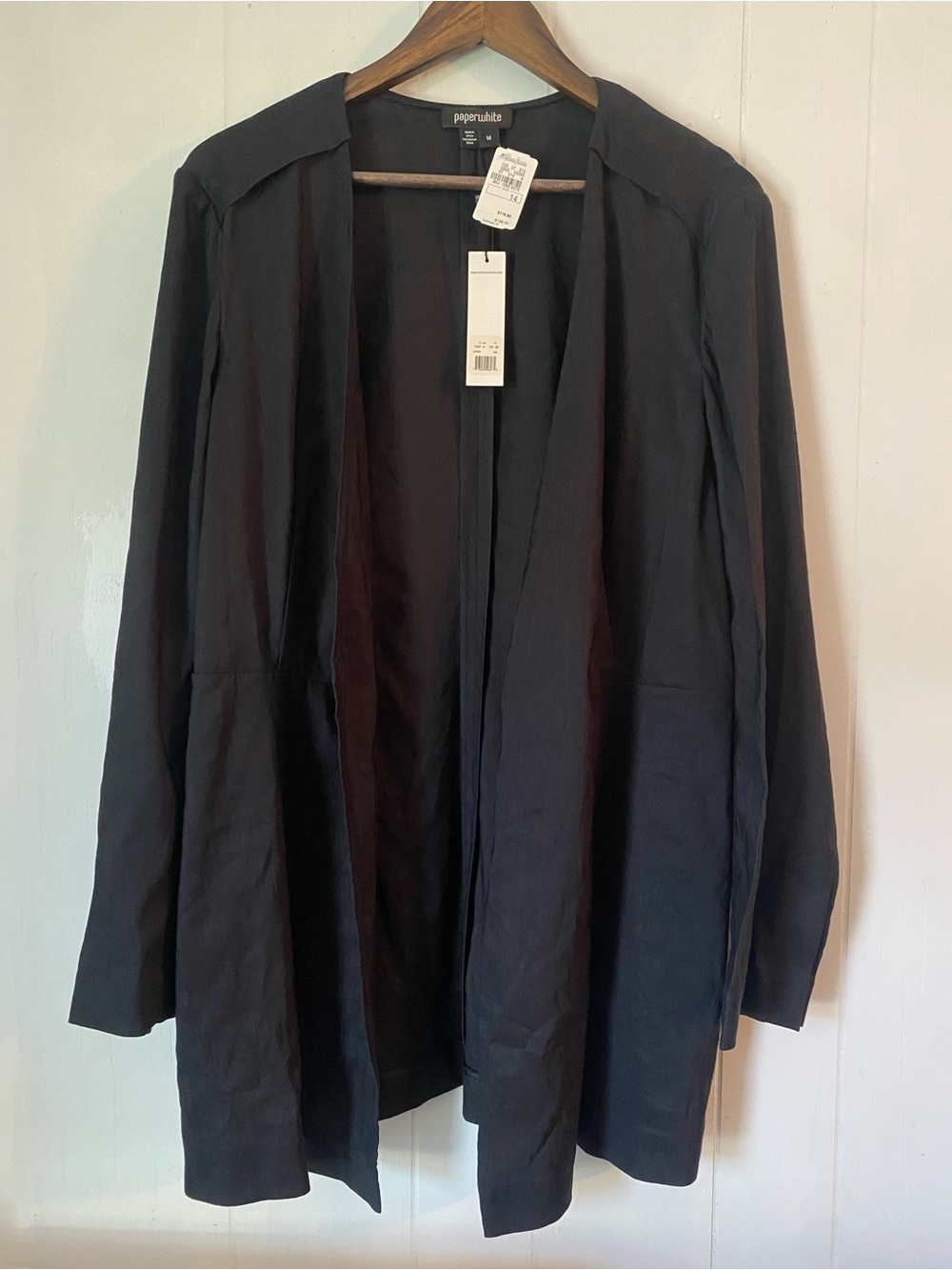 Paperwhite Black Open-Front Linen Blend Duster Jacket Women's Size 14